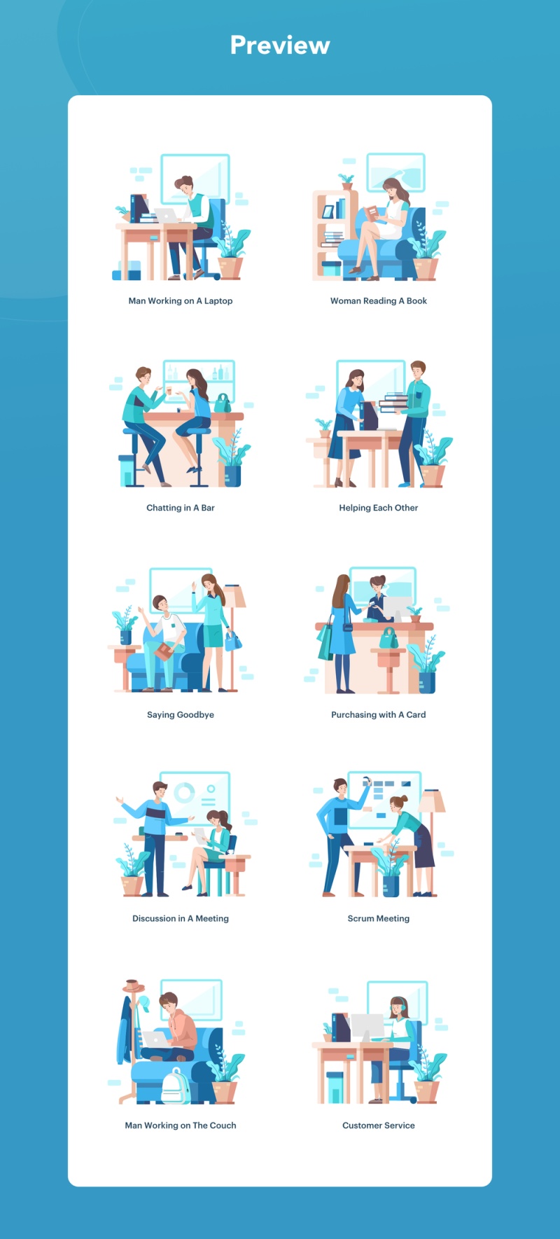 启动插图包包含10个插图，这些插图具有解释工作活动的独特场景。，Larissa：工作图