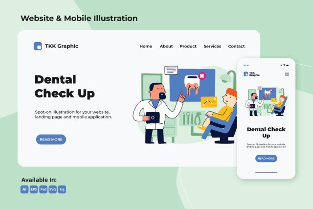 定期牙科检查网络和手机界面插画矢量素材Regular Dental Check up web and mobile