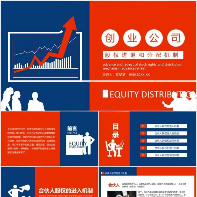 红蓝色企业管理创业公司股权进退和分配机制动态PPT模板