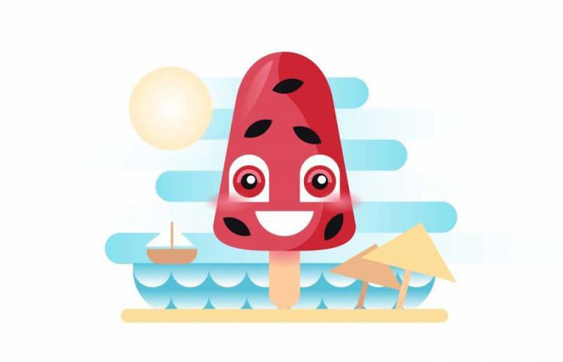 夏天冰棍友好西瓜海滩平插图矢量