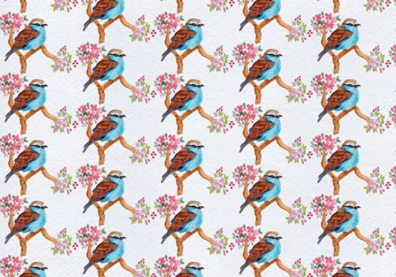  矢量水彩鸟在花卉的树枝上