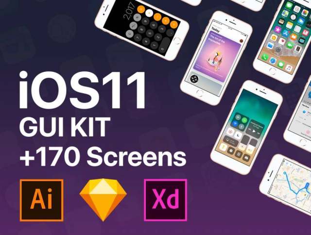 最新iOS11 UI工具包170个屏幕界面的illustrator, Sketch & XD源文件