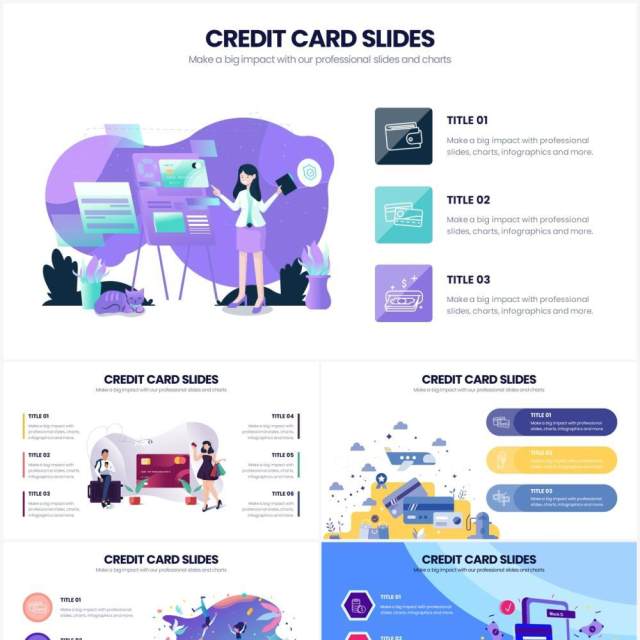 扁平风创意插画金融服务信用卡PPT模板Credit Card Powerpoint Infographics