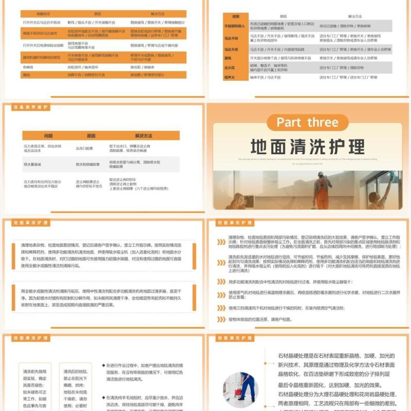 橙色简约风保洁技能培训常用机械工具使用及维护动态PPT模板