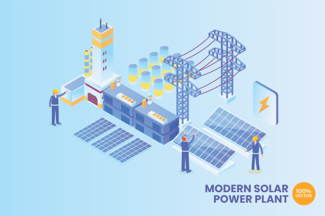 2.5D等距太阳能发电厂技术矢量AI素材插画场景概念Isometric Solar Power Plant Technology Vector