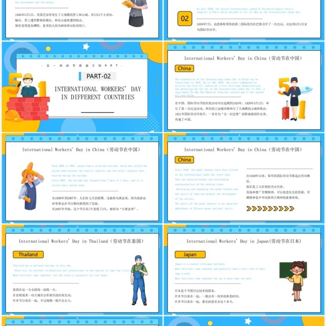 蓝色卡通风五一劳动节英文介绍PPT模板 蓝色卡通风五一劳动节英文介绍PPT模板