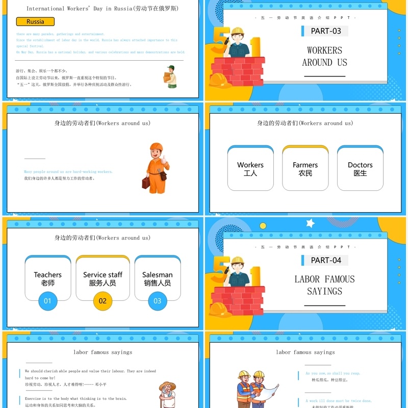 蓝色卡通风五一劳动节英文介绍PPT模板