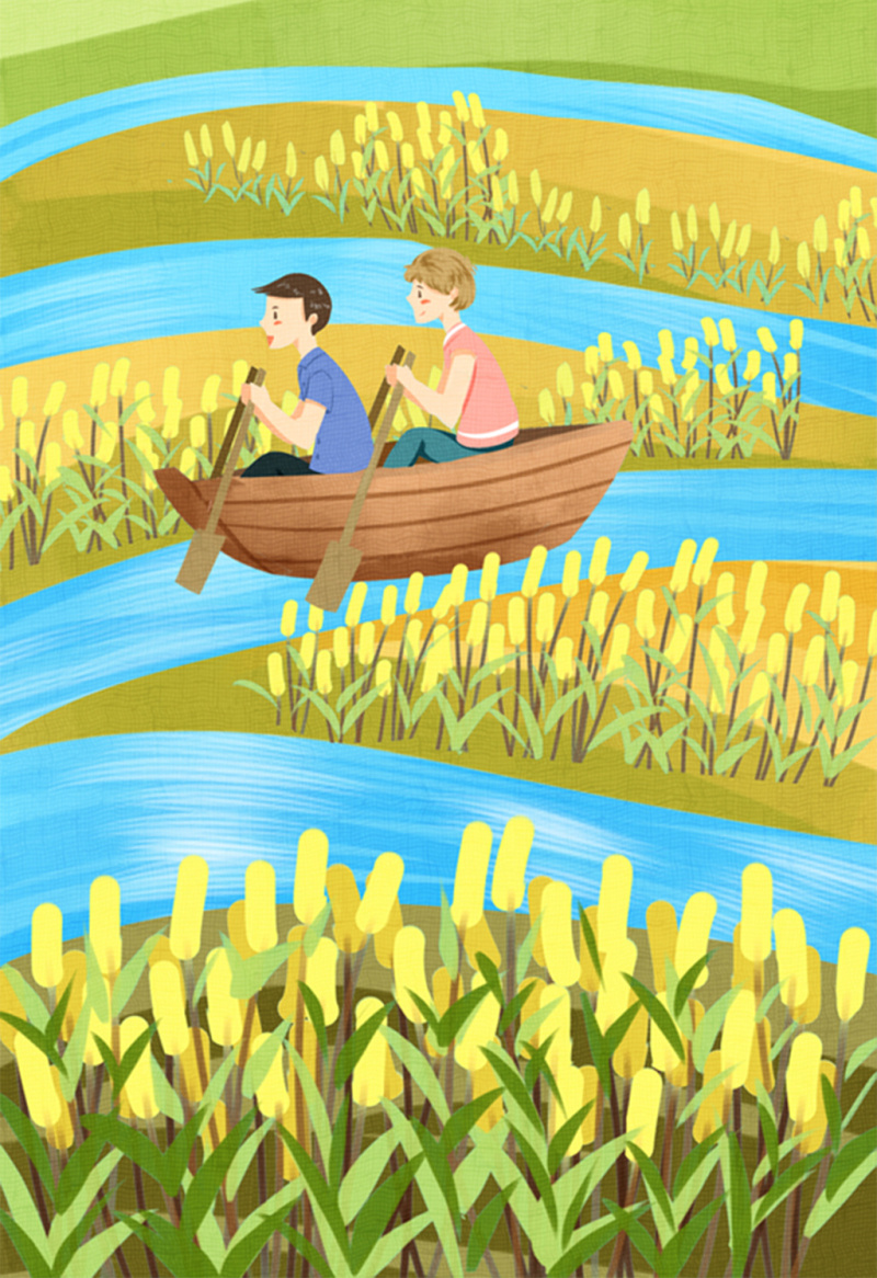 清新黄色孩子们暑假水面游玩划船插画