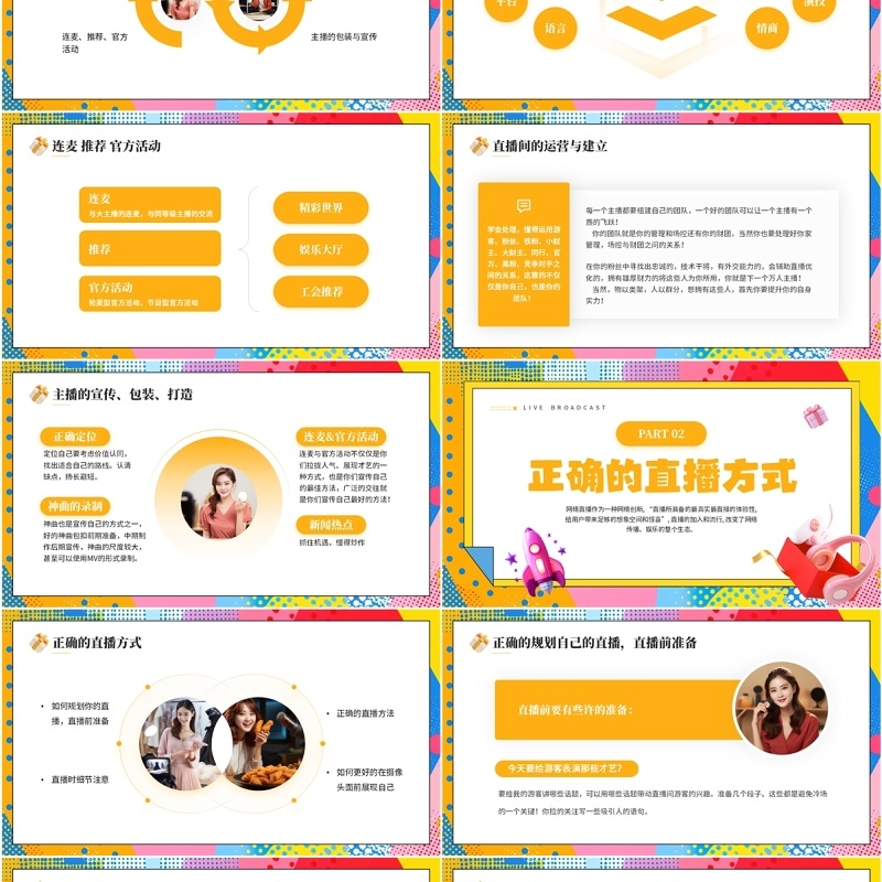 黄色孟菲斯主播直播培训PPT模板