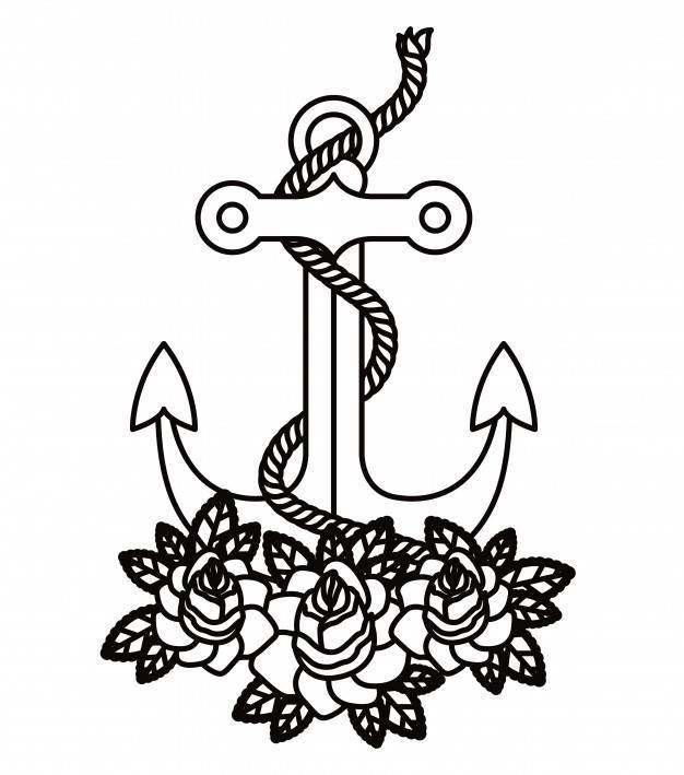 锚和鲜花纹身孤立的图标设计