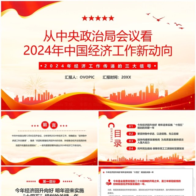 红色2024经济工作三大信号PPT模板 红色2024经济工作三大信号PPT模板