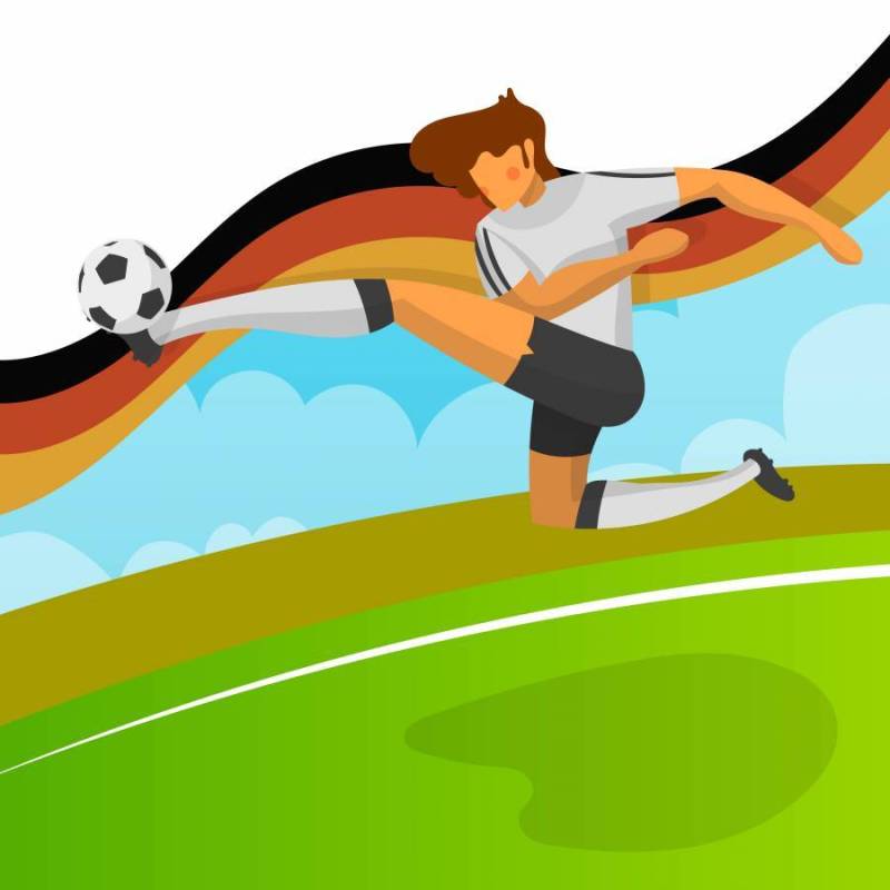 世界杯2018年现代极简主义德国足球运动员射击球与渐变背景矢量图