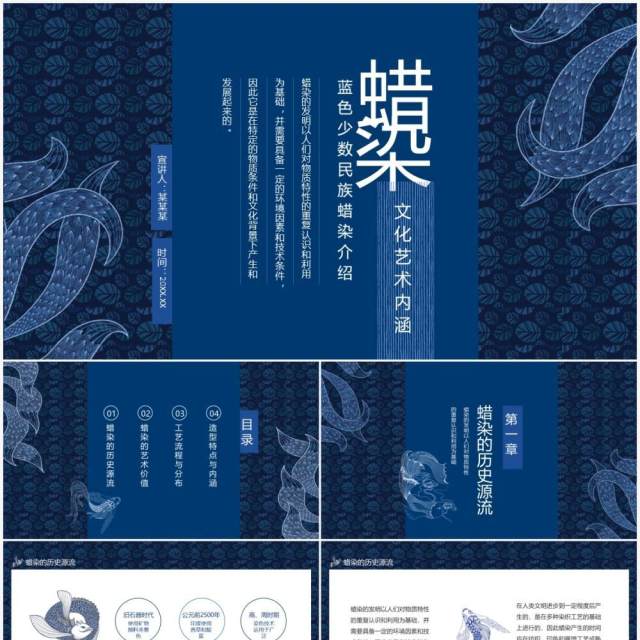 蜡染文化艺术内涵蓝色少数民族蜡染介绍动态PPT模板 蜡染文化艺术内涵蓝色少数民族蜡染介绍动态PPT模板