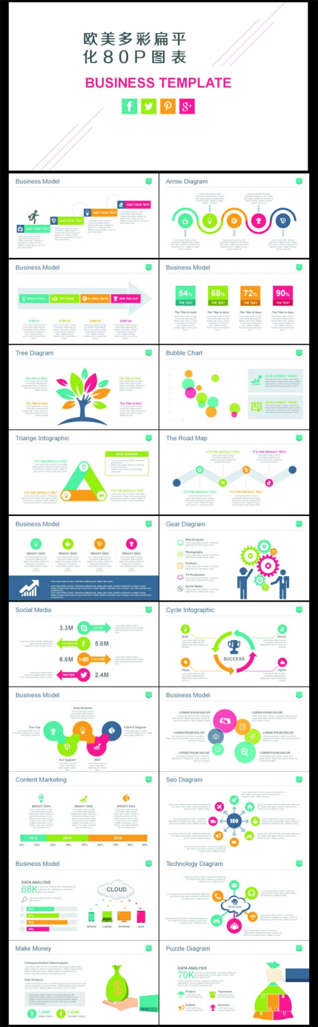 多彩扁平化精美商务ppt图表打包下载