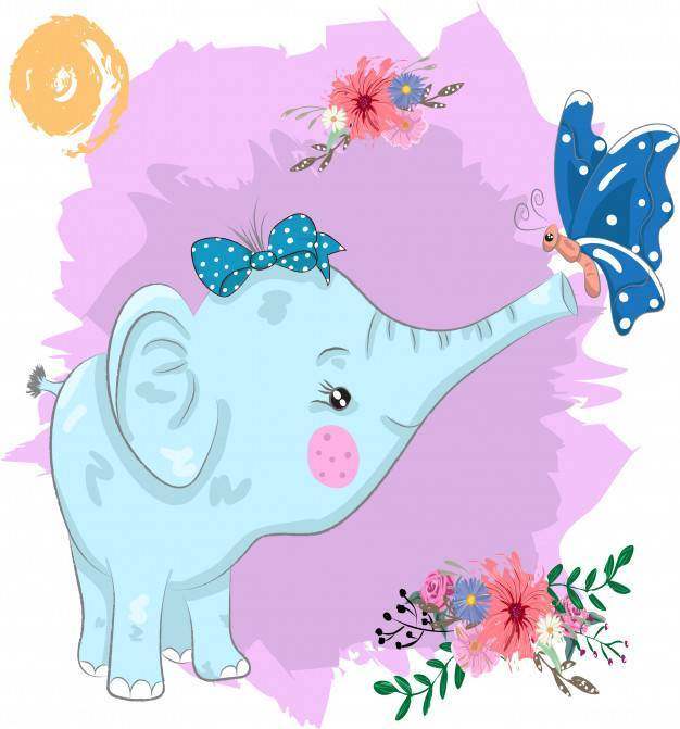 可爱的大象和蝴蝶卡通画