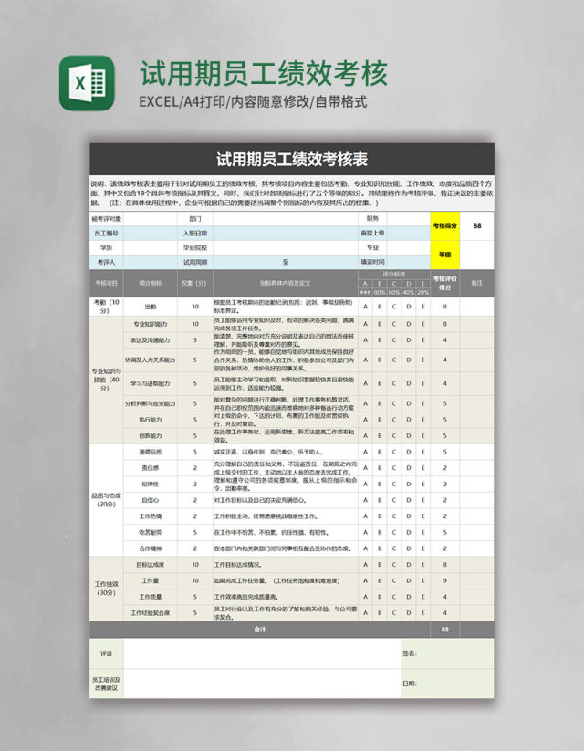 试用期员工绩效考核表excel模板