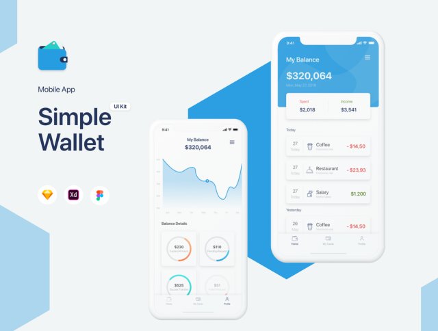 简单的Wallet App UI工具包，使用Sketch，XD和Figma，Simple Wallet App UI UX Kit设计