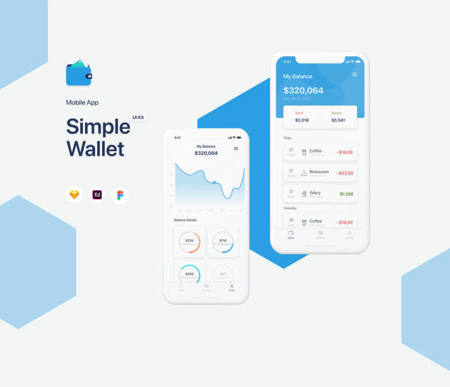简单的Wallet App UI工具包，使用Sketch，XD和Figma，Simple Wallet App UI UX Kit设计