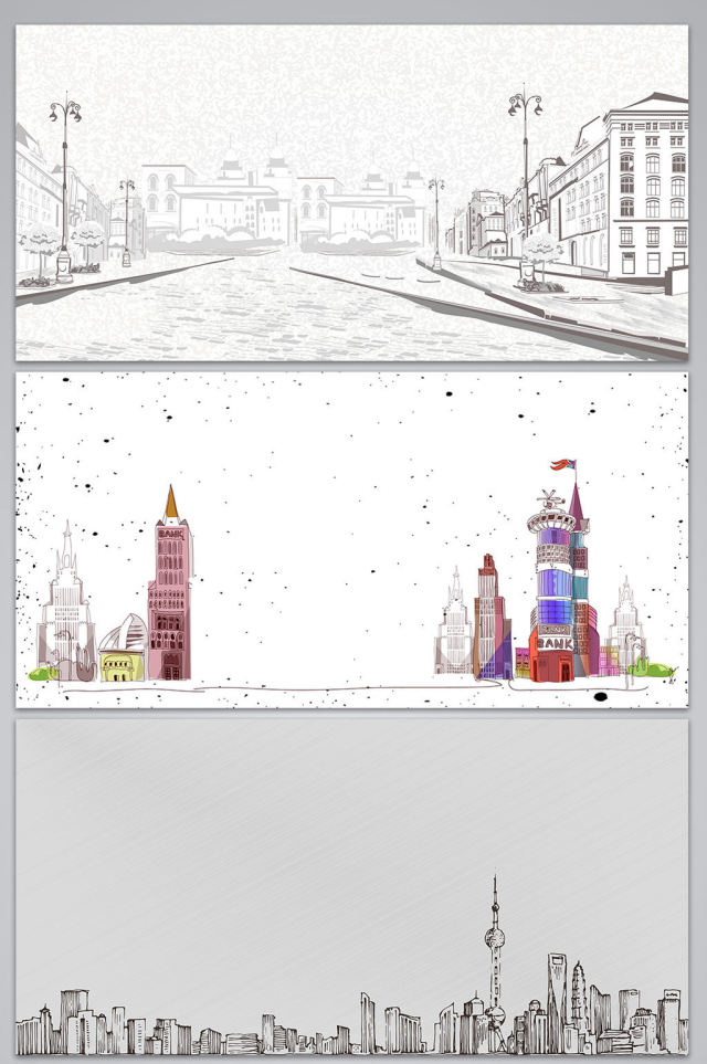 矢量素描手绘城市建筑海报背景图 矢量素描手绘城市建筑海报背景图
