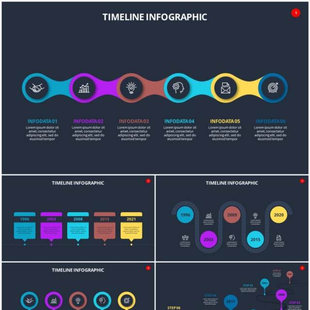 深色背景时间轴时间线信息图表PPT素材Timelines