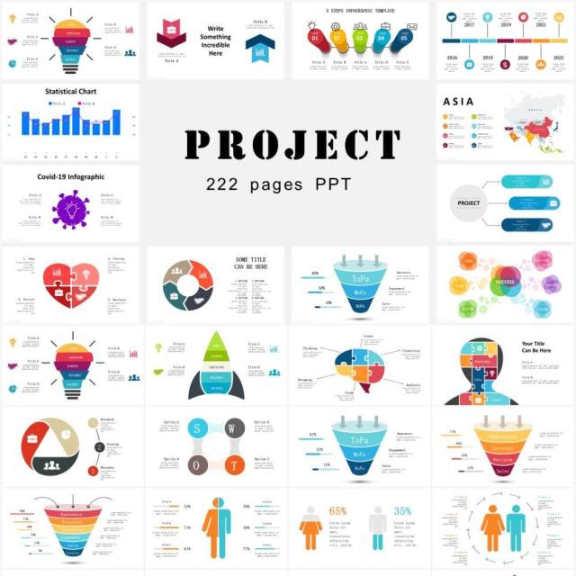 多功能商务项目计划饼图拼图圆形图表图形PPT素材!Project