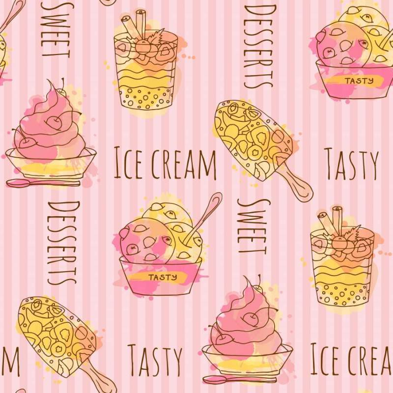矢量冰淇淋插画。 4手绘冰淇淋与多彩飞溅的一套。无缝模式