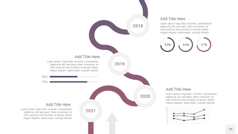 渐变紫黄色时间轴PPT信息图29
