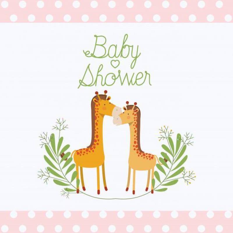 与逗人喜爱的长颈鹿夫妇的婴儿送礼会卡片