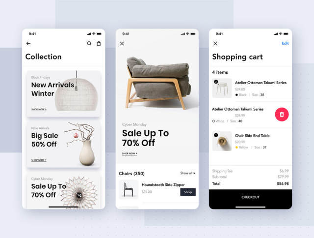 在Sketch，XD和Figma，Loza设计的家具设计UI套件 -  Furniture Shop App UI套件