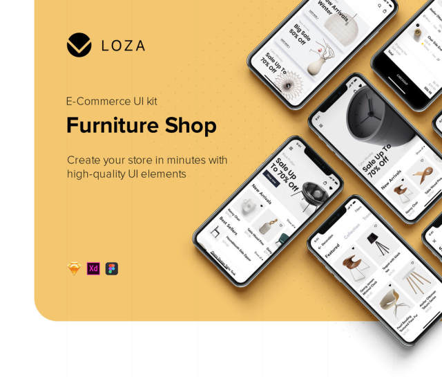 在Sketch，XD和Figma，Loza设计的家具设计UI套件 -  Furniture Shop App UI套件