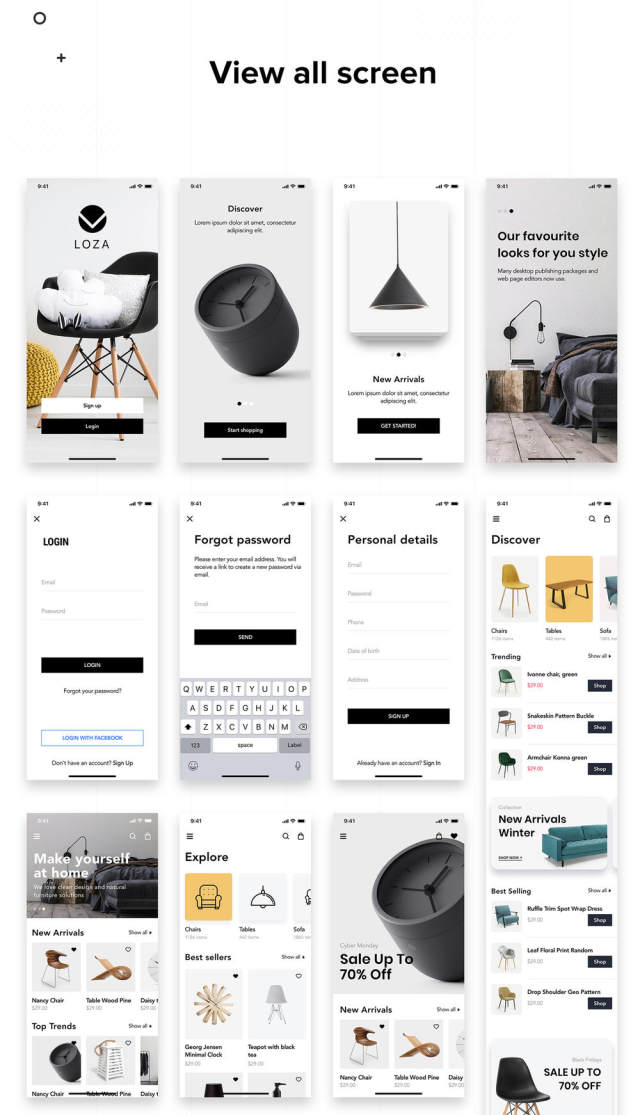 在Sketch,XD和Figma,Loza设计的家具设计UI套件 - Furniture Shop App UI套件 在Sketch,XD和Figma,Loza设计的家具设计UI套件 - Furniture Shop App UI套件