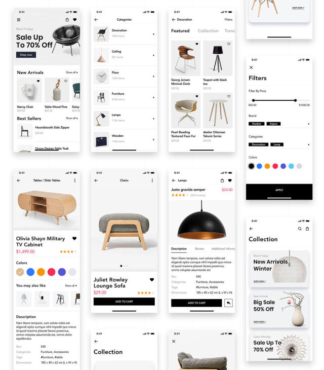 在Sketch,XD和Figma,Loza设计的家具设计UI套件 - Furniture Shop App UI套件 在Sketch,XD和Figma,Loza设计的家具设计UI套件 - Furniture Shop App UI套件