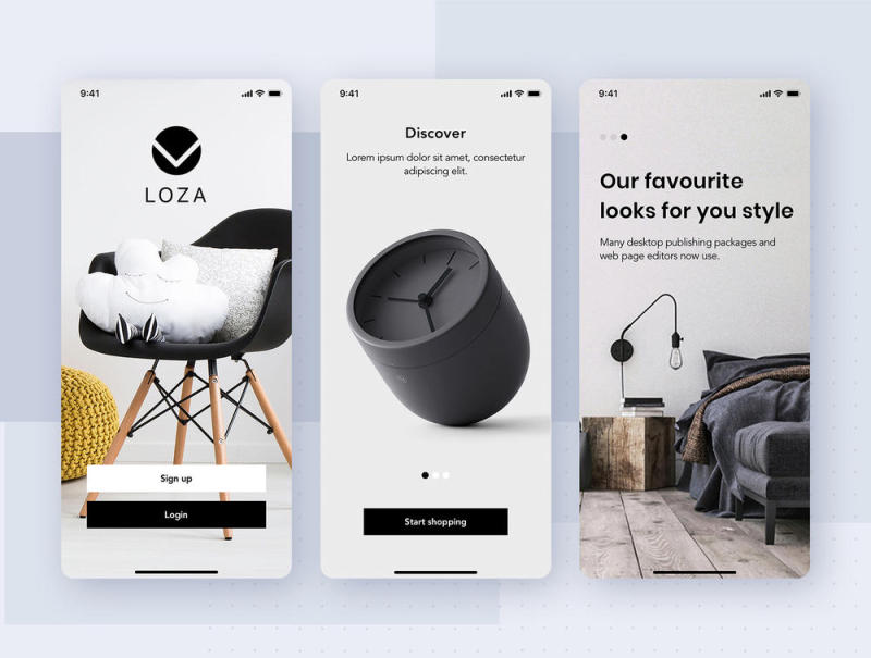 在Sketch，XD和Figma，Loza设计的家具设计UI套件 -  Furniture Shop App UI套件
