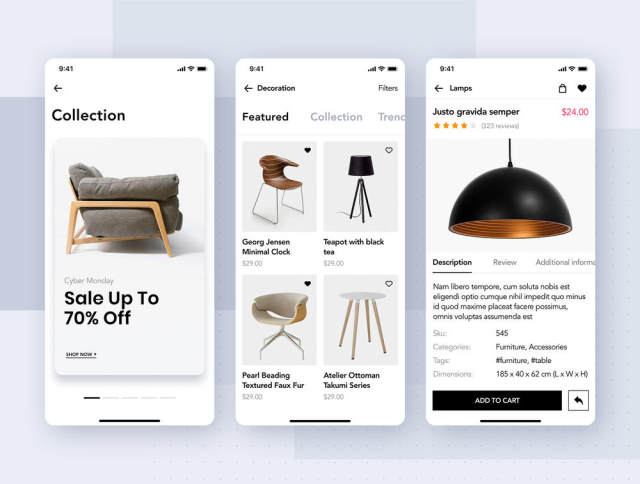 在Sketch，XD和Figma，Loza设计的家具设计UI套件 -  Furniture Shop App UI套件