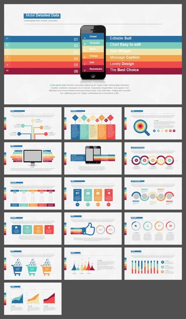 多彩六色扁平化手机图表PPT模板