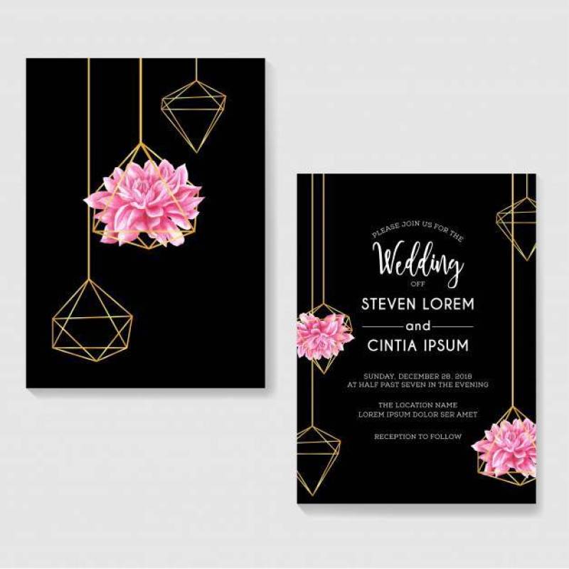 Wedding invitations dahlia watercolor and geometric gold