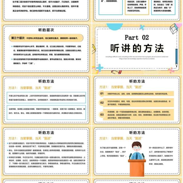 黄色孟菲斯风如何正确的听讲PPT模板 黄色孟菲斯风如何正确的听讲PPT模板