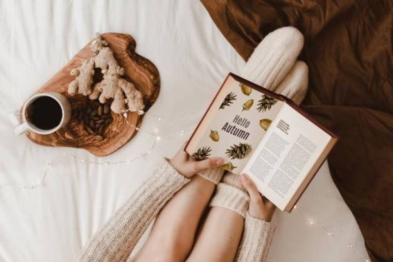 Autumn mockup with woman on bed