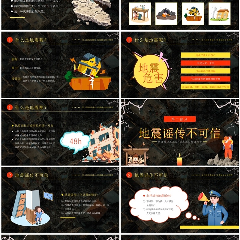 黄色卡通风幼儿园防震减灾班会PPT模板