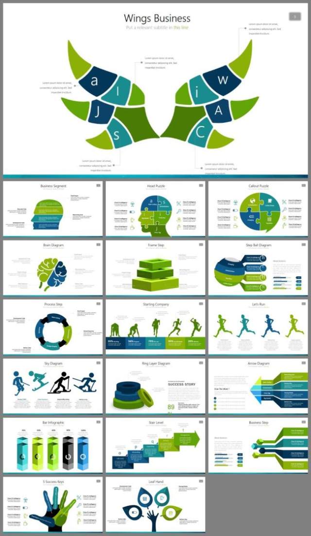 蓝绿配色扁平化羽翼翅膀创意造型图表PPT