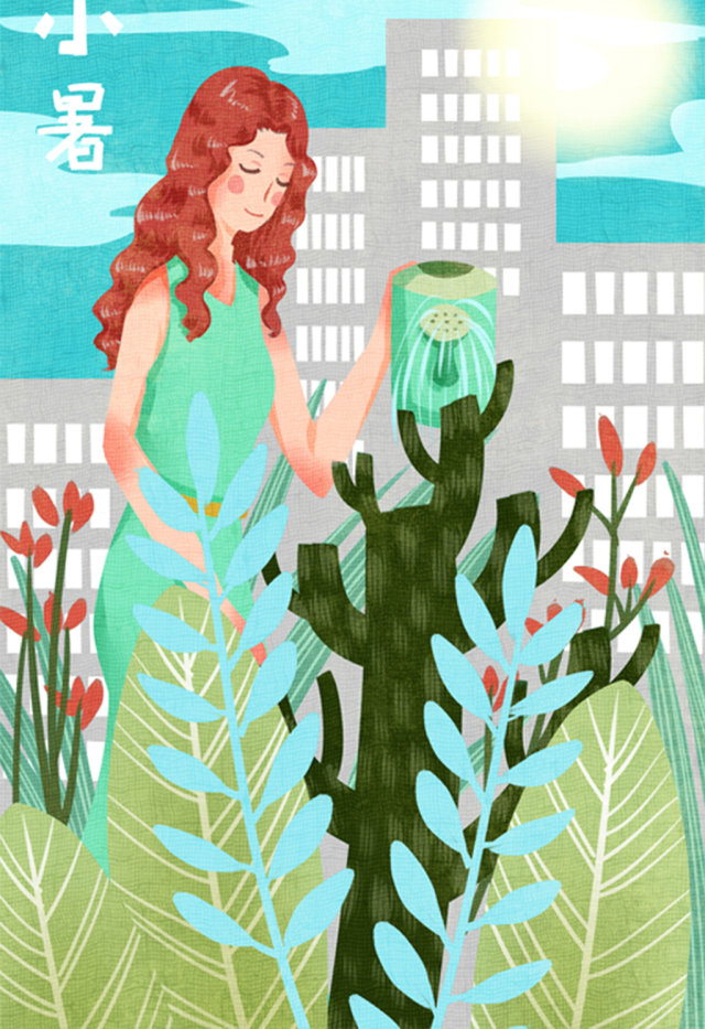 卡通清新女性阳台浇水插画 卡通清新女性阳台浇水插画