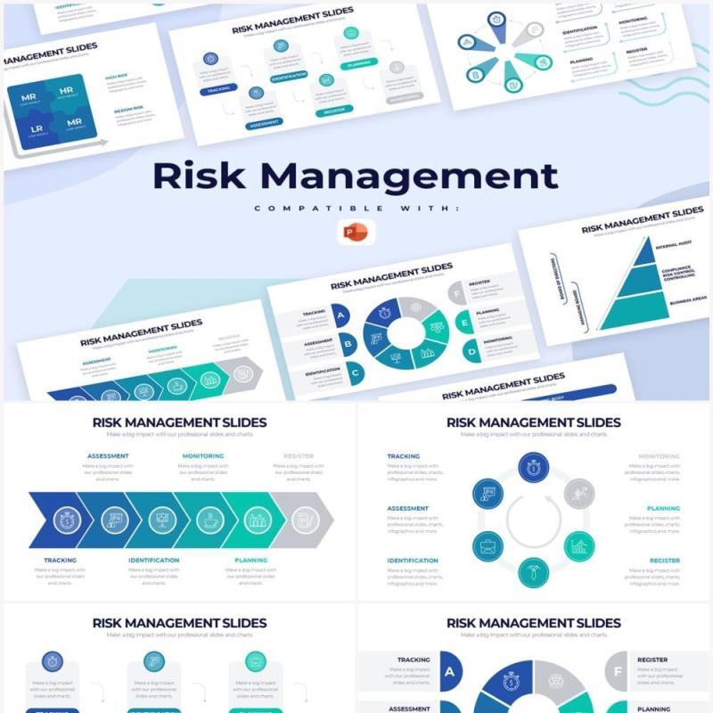 蓝绿色项目风险管理PPT信息图表素材Risk Management Powerpoint Infographics