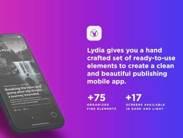 用于Sketch和Photoshop的移动博客和发布UI工具包。，Lydia iOS UI工具包