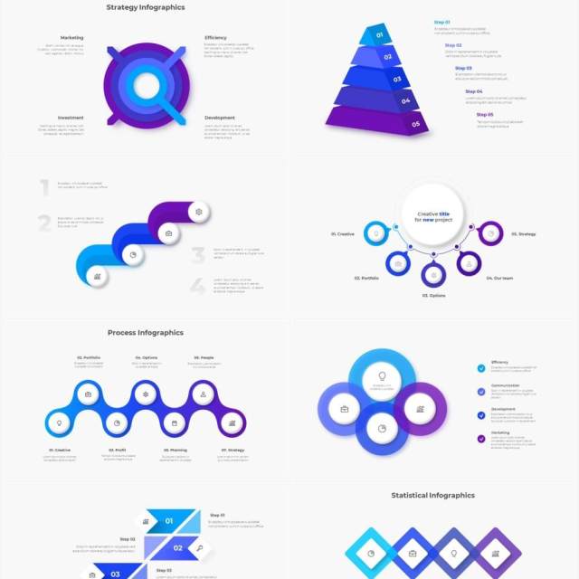 浅色系蓝色圆形流程步骤关系图PPT素材 Infographic Blue