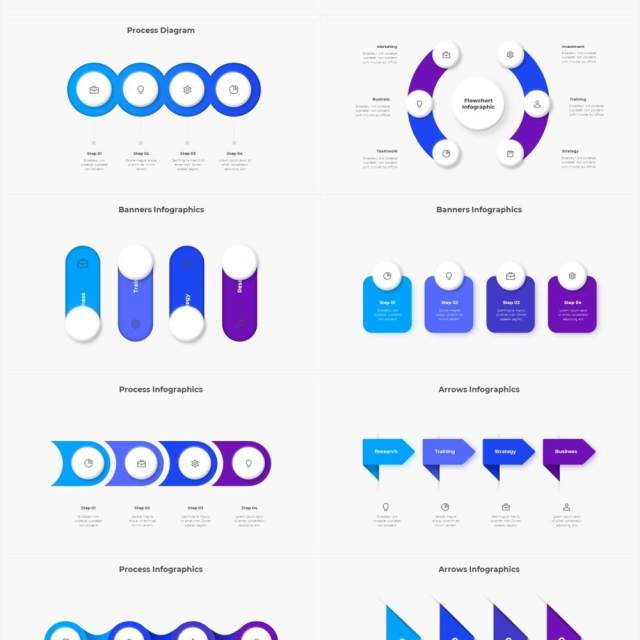 浅色系蓝色圆形流程步骤关系图PPT素材 Infographic Blue