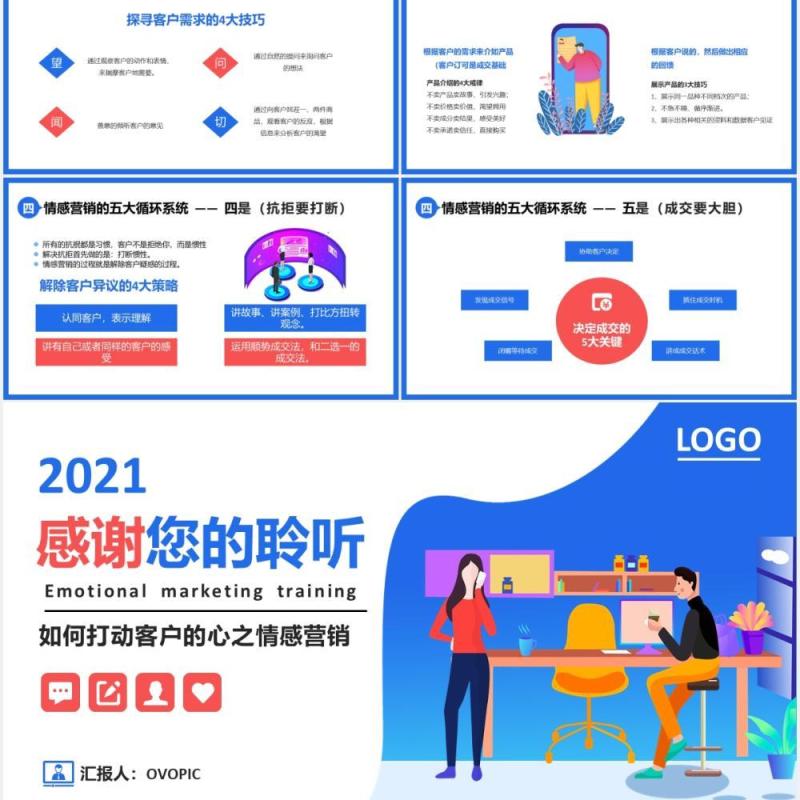 扁平插画简约企业员工公司情感营销培训如何打动客户的心PPT模板