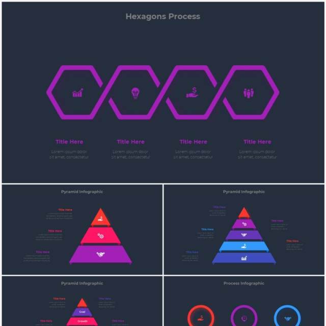 深色背景红色蓝色圆形结构图并列关系信息图表PPT元素素材Infographic Red Blue