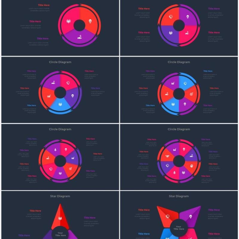 深色背景红色蓝色圆形结构图并列关系信息图表PPT元素素材Infographic Red Blue