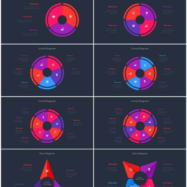 深色背景红色蓝色圆形结构图并列关系信息图表PPT元素素材Infographic Red Blue