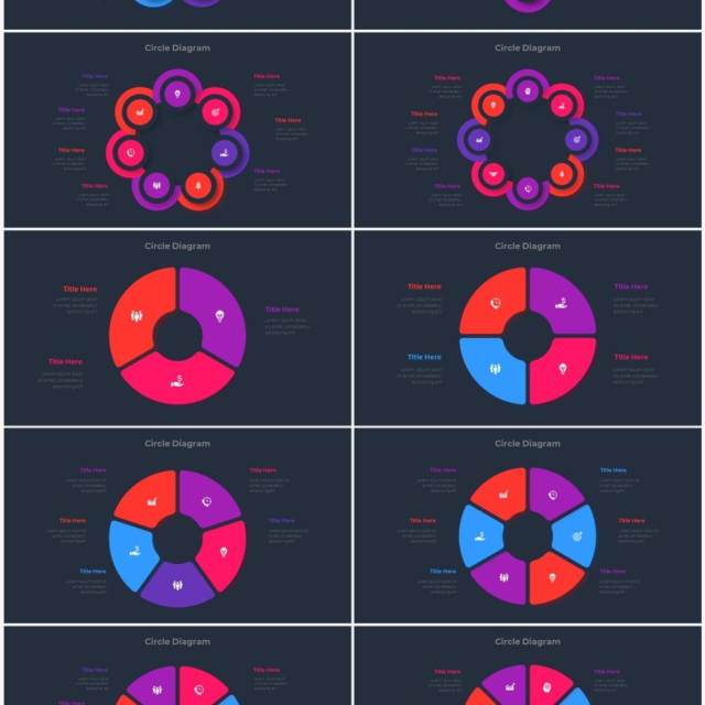 深色背景红色蓝色圆形结构图并列关系信息图表PPT元素素材Infographic Red Blue